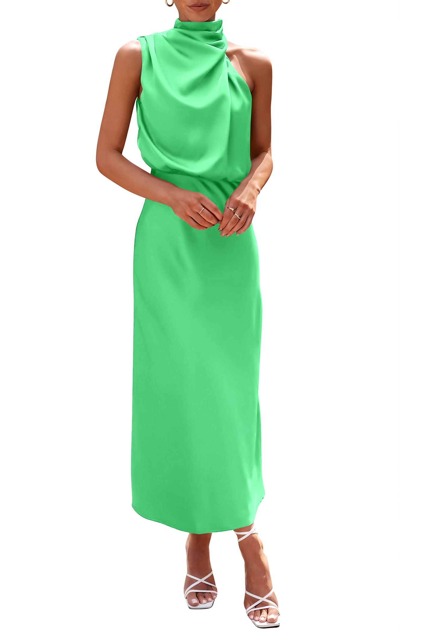 PRETTYGARDEN Women's 2024 Summer Satin Dress Elegant Sleeveless Mock Neck Cocktail Party Maxi Dresses