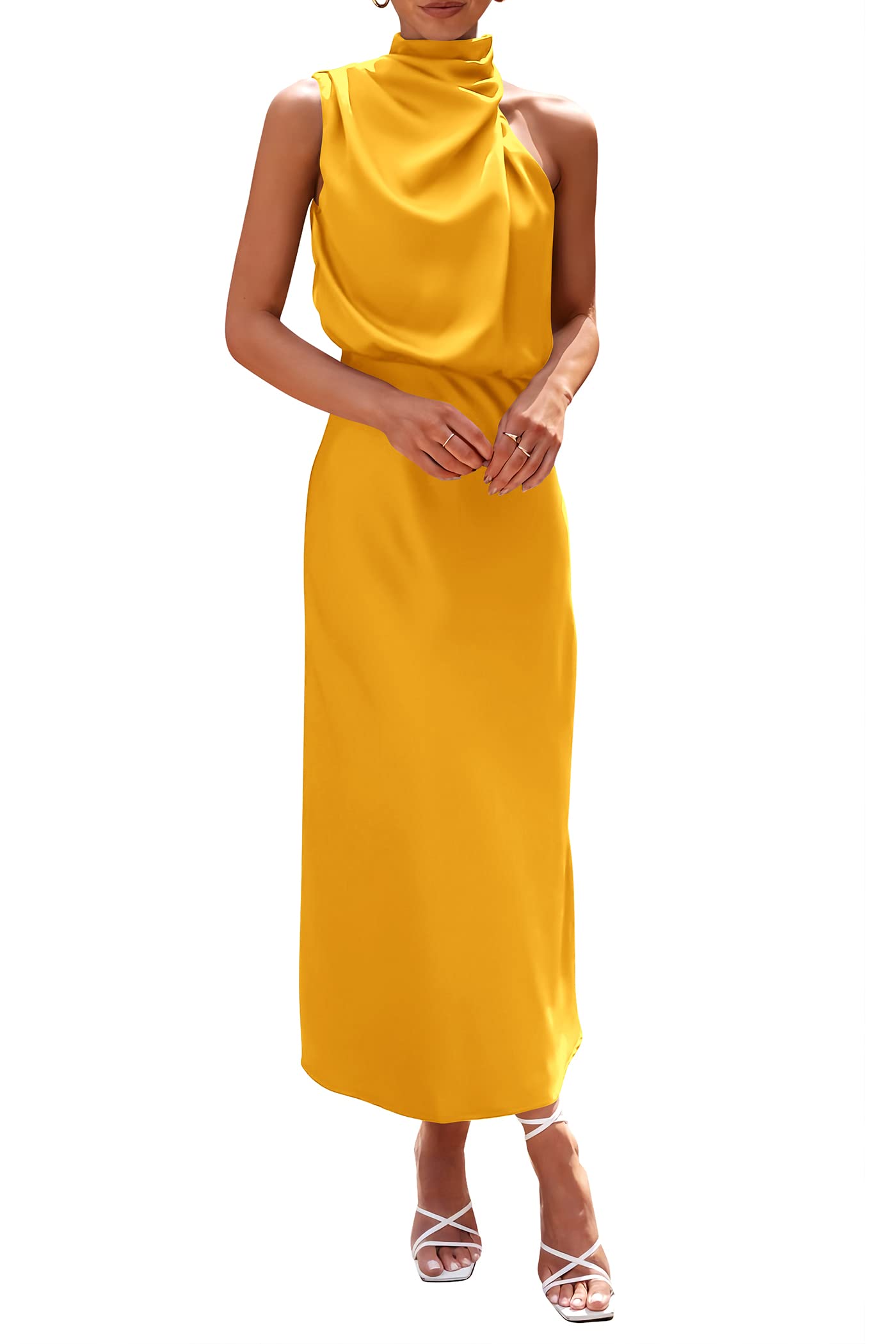 PRETTYGARDEN Women's 2024 Summer Satin Dress Elegant Sleeveless Mock Neck Cocktail Party Maxi Dresses