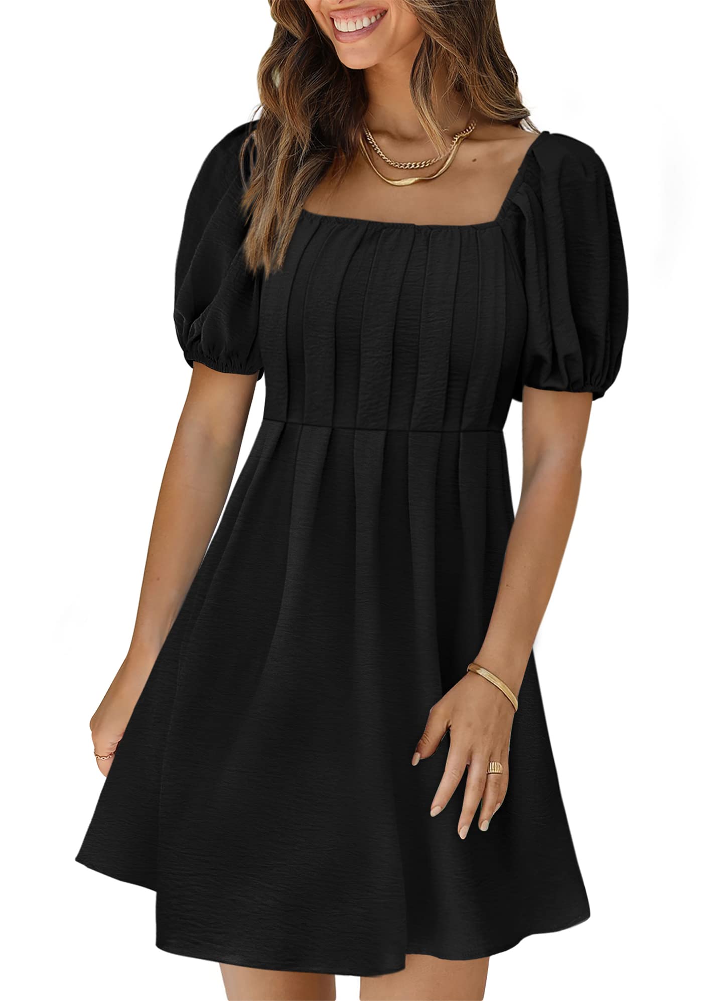 XIEERDUO Womens Square Neck Chest Pleated A-Line Dress