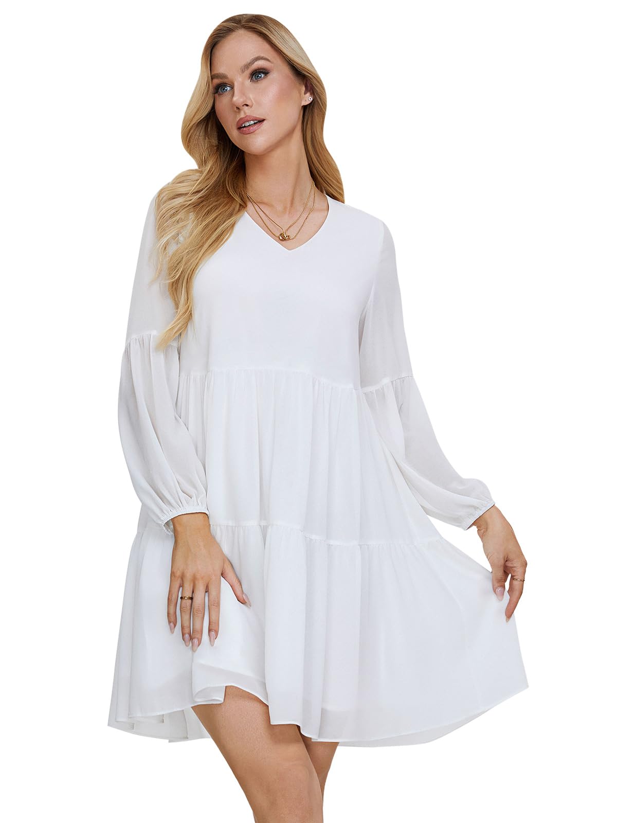 V Neck Spring Summer Long Sleeve Tunic Dresses