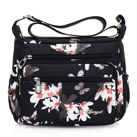 Nylon Floral Multi-Pocket Crossbody Purse Bag