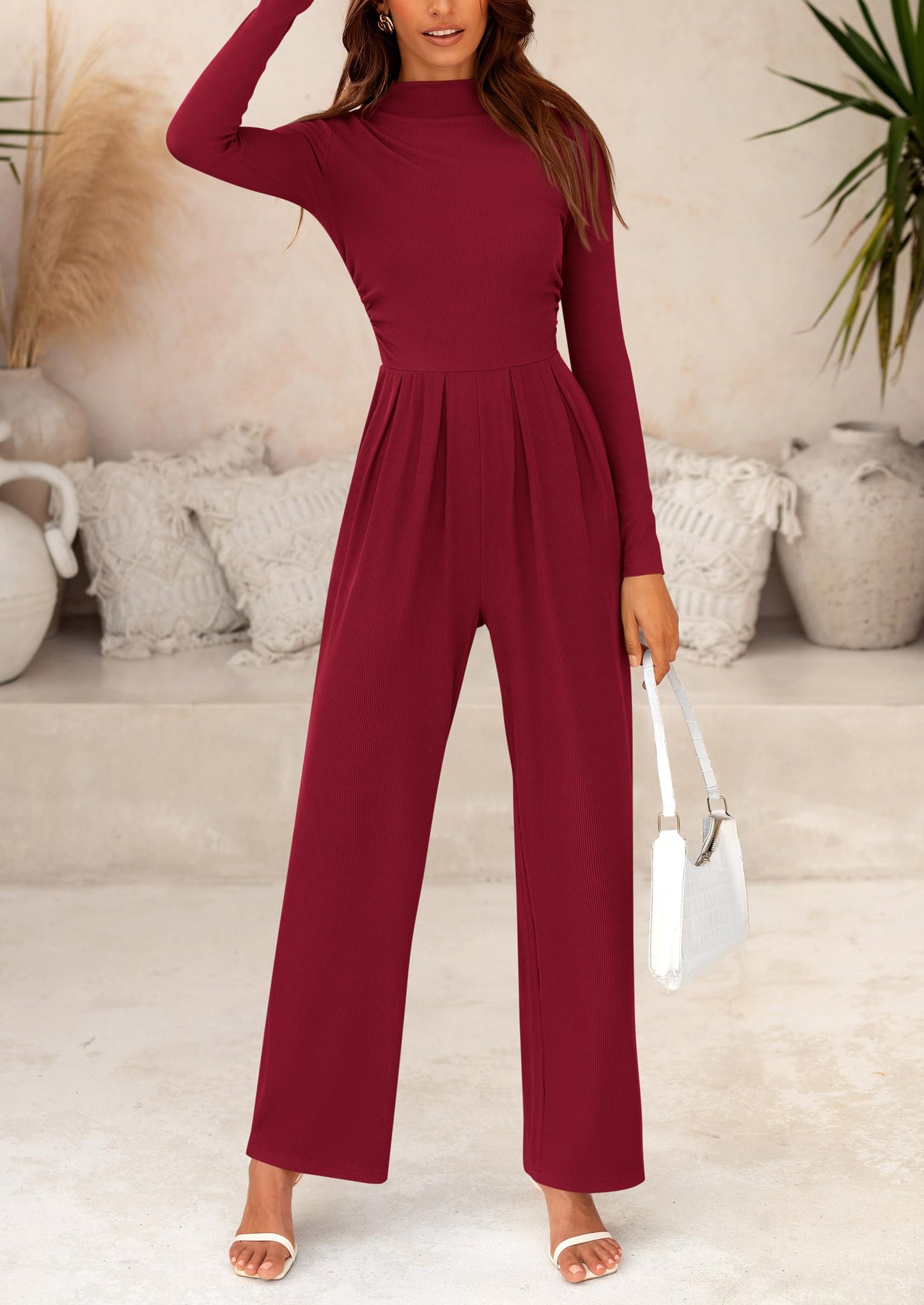 PRETTYGARDEN Women's Jumpsuit Dressy Casual Fall Fashion One Piece Outfits Long Sleeve Mock Neck Wide Leg Pants Rompers