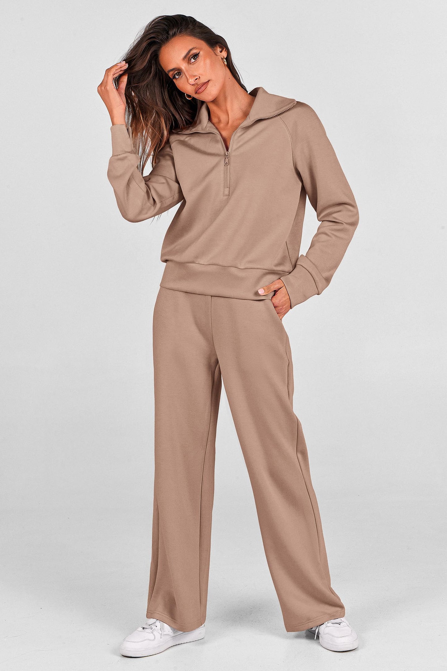 PRETTYGARDEN Women's 2 Piece Outfits Casual Lapel Half Zip Sweatshirts And Wide Leg Pants Tracksuit Sets