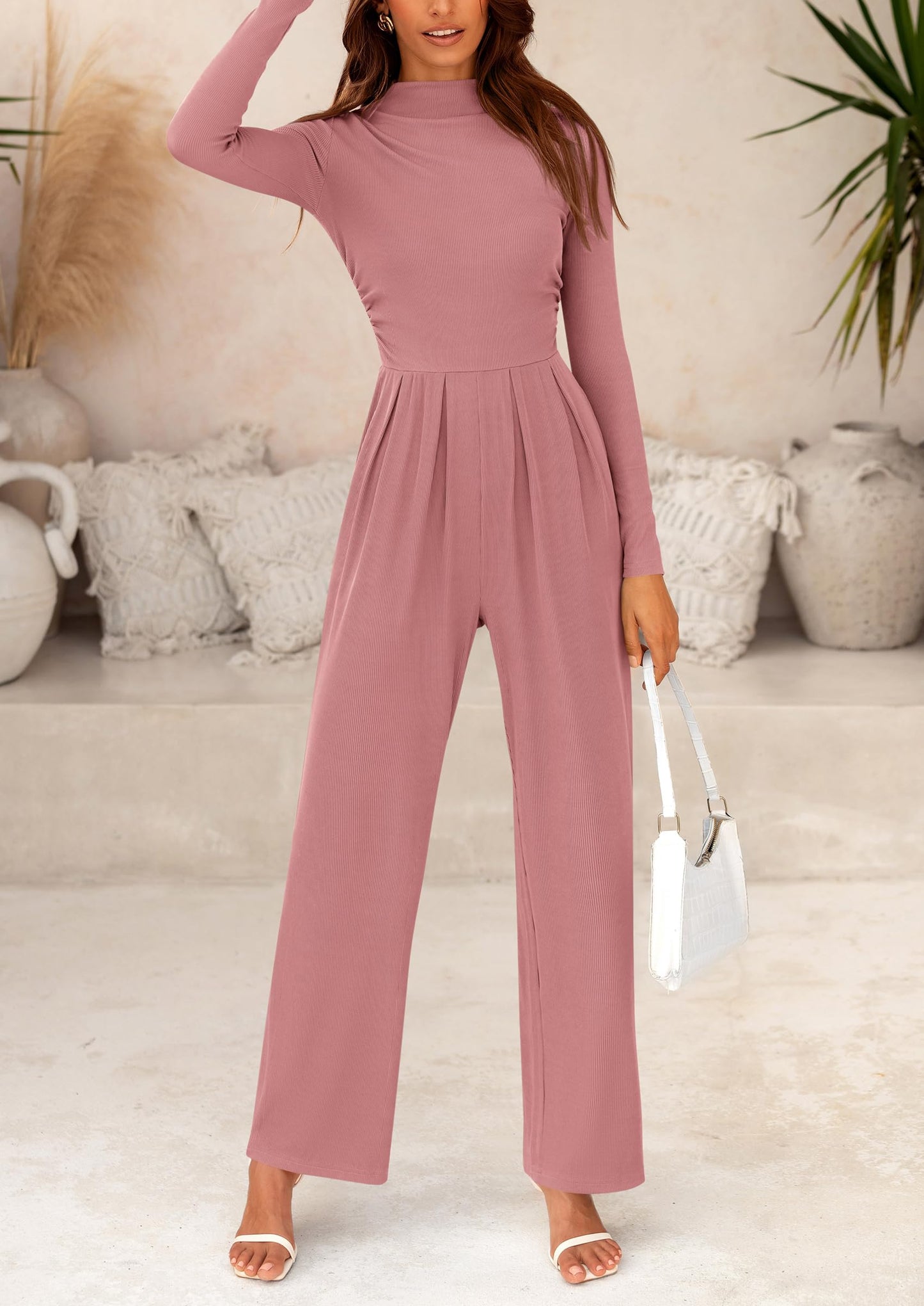 PRETTYGARDEN Women's Jumpsuit Dressy Casual Fall Fashion One Piece Outfits Long Sleeve Mock Neck Wide Leg Pants Rompers