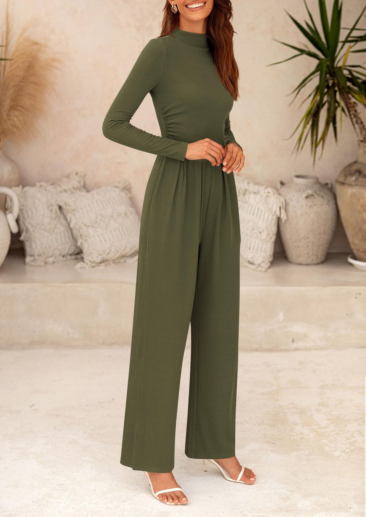 PRETTYGARDEN Women's Jumpsuit Dressy Casual Fall Fashion One Piece Outfits Long Sleeve Mock Neck Wide Leg Pants Rompers