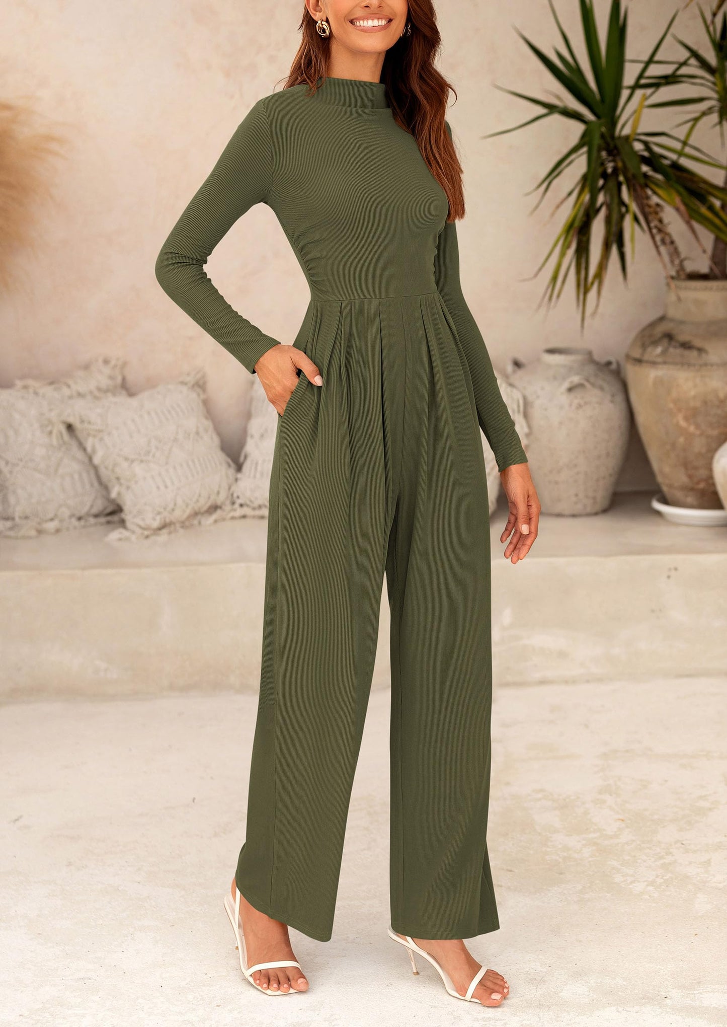 PRETTYGARDEN Women's Jumpsuit Dressy Casual Fall Fashion One Piece Outfits Long Sleeve Mock Neck Wide Leg Pants Rompers