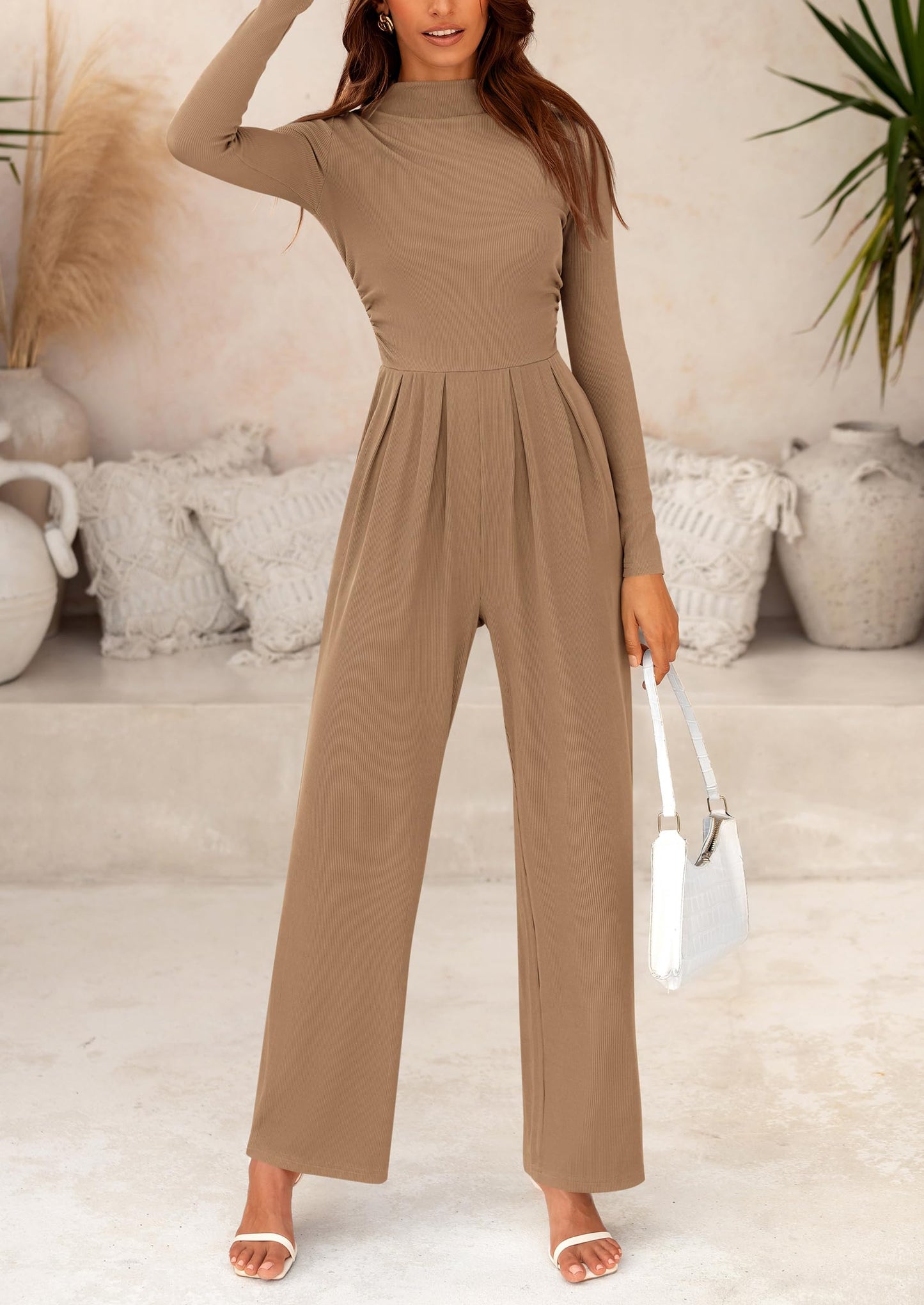 PRETTYGARDEN Women's Jumpsuit Dressy Casual Fall Fashion One Piece Outfits Long Sleeve Mock Neck Wide Leg Pants Rompers